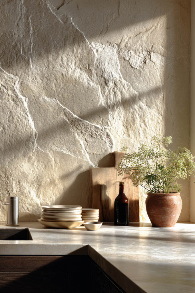 Organic textured plaster kitchen wall with neutral stone countertop and natural styling, showing dimensional surface trend in modern kitchen design.