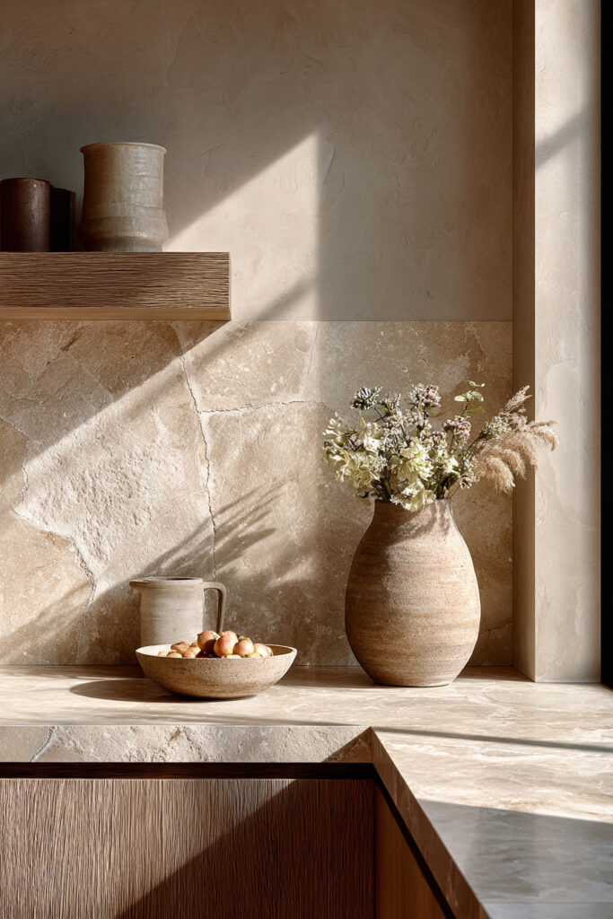 Kitchen with textured natural stone backsplash, wood shelf with ceramic jars, vase of dried flowers, and countertop with fruit under sunlight