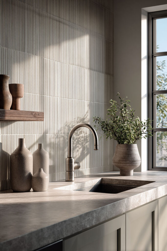 Kitchen with ribbed backsplash, neutral cabinetry, stone vases, and potted plant highlighting dimensional materials in sunlight