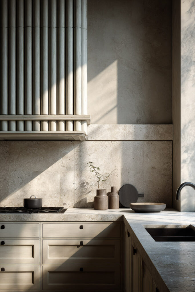 Neutral kitchen with fluted range hood, organic stone backsplash, and layered dimensional surfaces creating depth through natural materials and textured kitchen design.