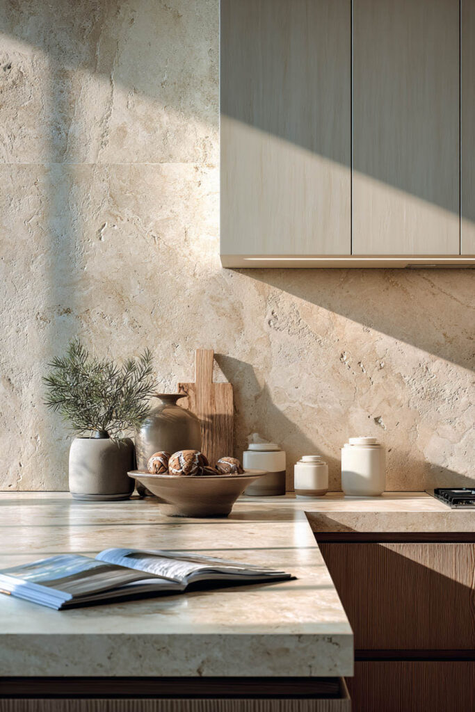 Neutral kitchen with organic textured stone backsplash, warm wood cabinetry, and natural dimensional surfaces in a modern kitchen design