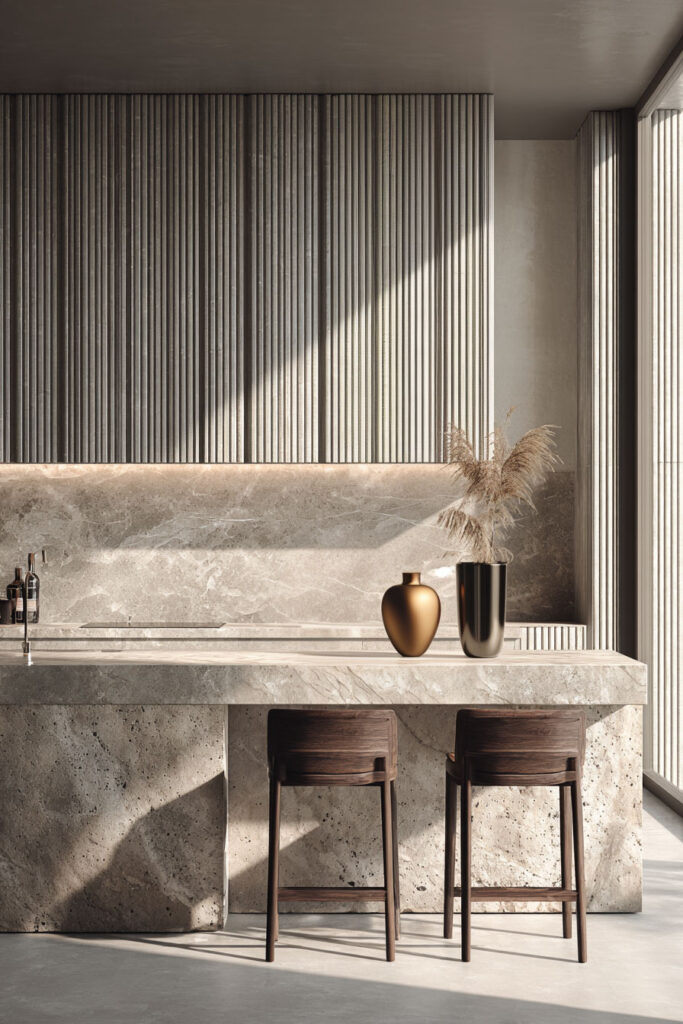 Modern kitchen with ribbed cabinetry and natural stone island showing organic and graphic dimensional surfaces in textured kitchen design.