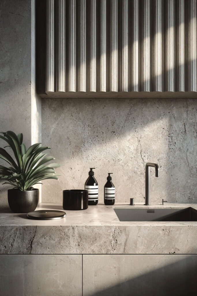 Modern kitchen with ribbed upper cabinetry, textured stone backsplash, and layered dimensional kitchen surfaces in neutral tones.