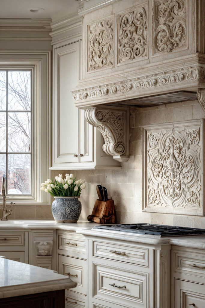 Traditional kitchen with carved stone backsplash and ornate range hood detail, showcasing dimensional surfaces and textured natural stone in classic kitchen design.