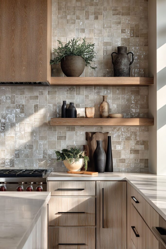 Kitchen with neutral textured tile backsplash, open wood shelves, decorative vases, bowls, and greenery in natural sunlight