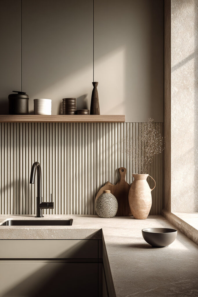 Neutral kitchen with ribbed dimensional backsplash, stone countertop, and layered textured surfaces creating depth and warmth.