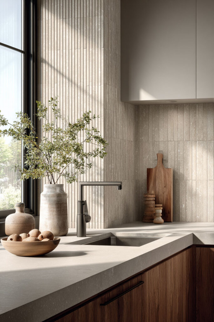 Neutral kitchen with ribbed stone backsplash, warm wood cabinets, and dimensional textured tile backsplash in modern kitchen design
