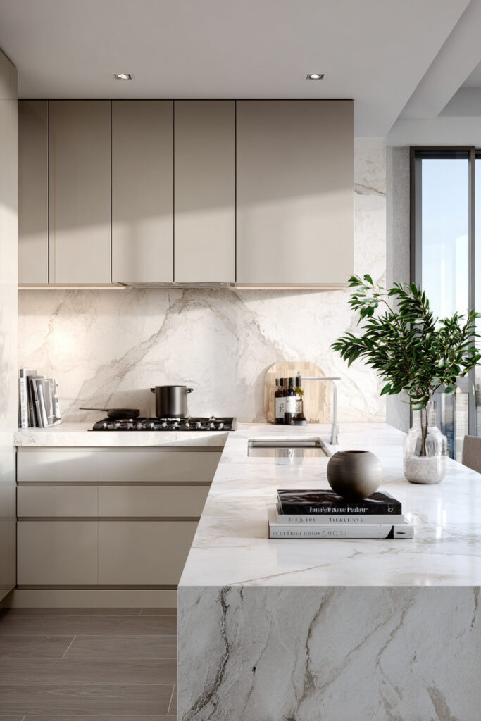 Modern neutral kitchen with marble backsplash and dimensional surfaces, featuring textured stone, warm cabinetry, and layered materials in contemporary kitchen design.
