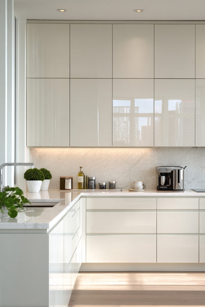 Modern neutral kitchen with glossy cabinets, marble backsplash, and dimensional surfaces creating depth in a minimalist kitchen design