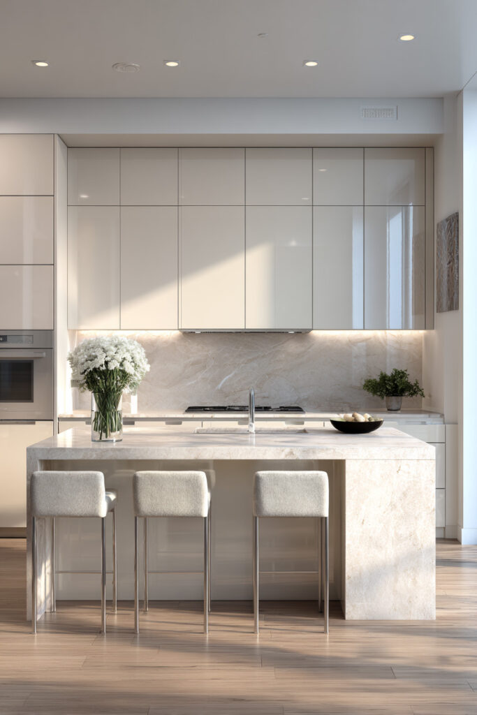 Modern kitchen with marble island, glossy cabinetry, white flowers, potted plant, and natural light highlighting neutral tones
