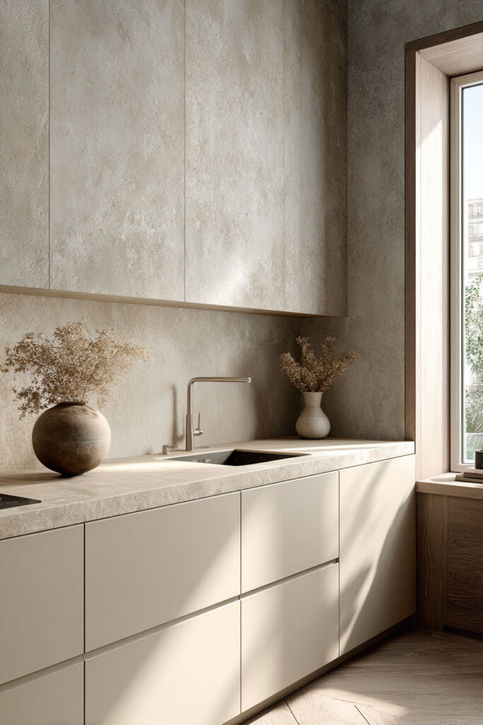 Kitchen with subtle textured backsplash, neutral cabinets, decorative vases with dried flowers, and natural light highlighting surfaces