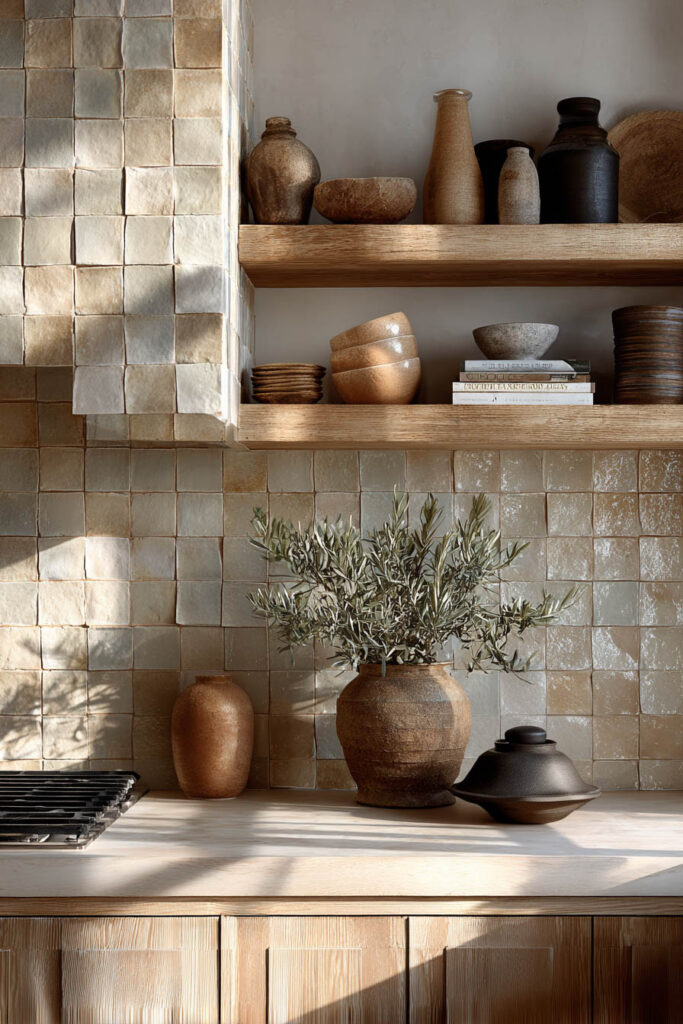 Neutral kitchen with handmade square tile backsplash, textured dimensional tiles, open wood shelving, and warm earthy kitchen decor
