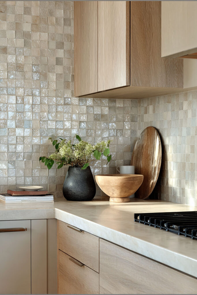 Neutral kitchen with small square mosaic tile backsplash, light wood cabinetry, and stone countertop showing dimensional backsplash texture trend.