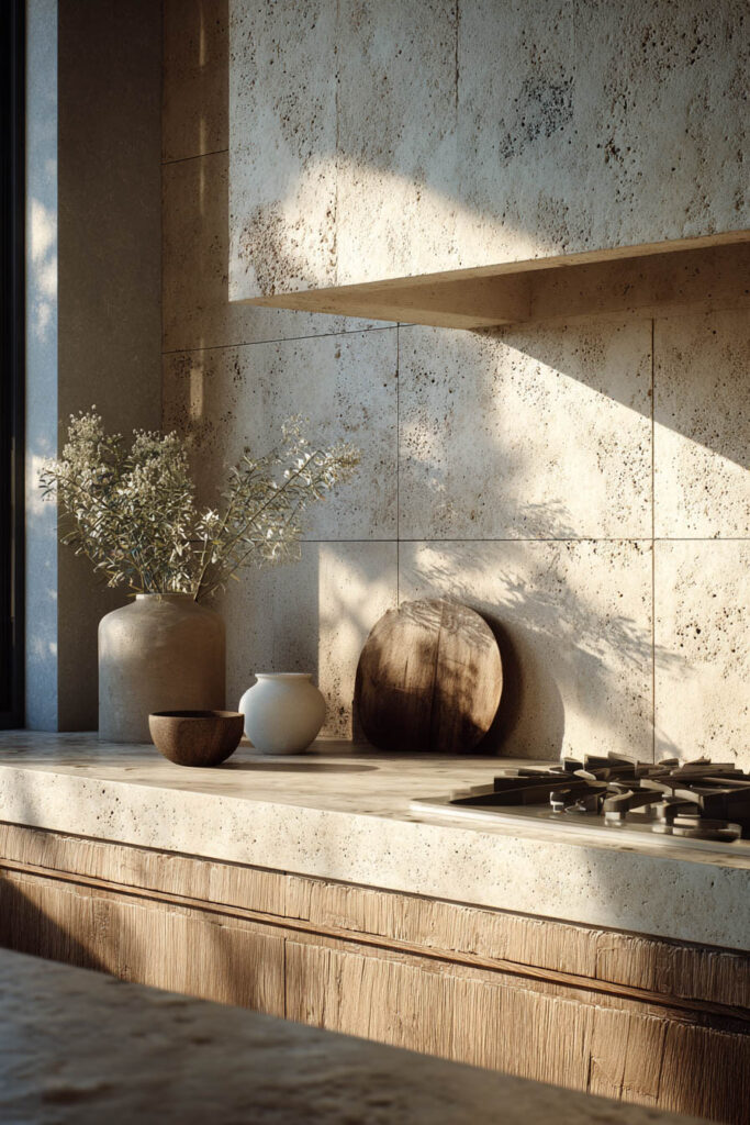 Neutral kitchen with textured travertine stone backsplash and countertop, featuring natural stone surfaces, warm wood cabinetry, and dimensional kitchen design details.