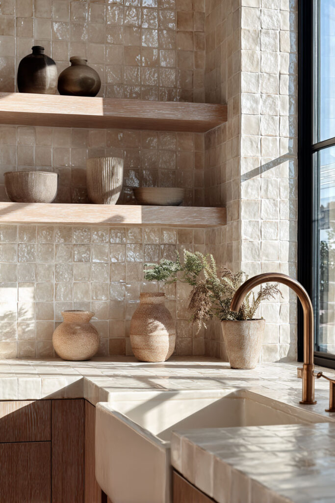 This kitchen highlights how ribbed backsplash panels add subtle movement and depth without overpowering a neutral palette. The combination of matte cabinetry, warm stone surfaces, and vertical texture creates a layered look that feels calm but visually interesting. It’s a strong example of how dimensional surfaces trends are shifting kitchens away from flat finishes toward more tactile design.