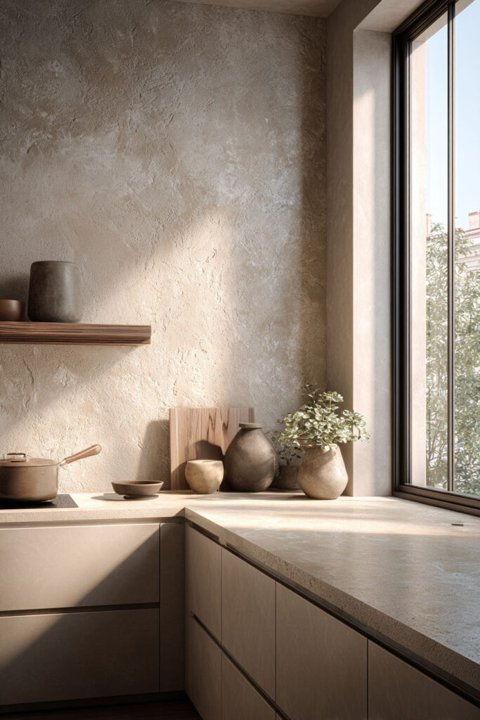 Neutral kitchen with limewash plaster textured wall, warm wood cabinetry, and stone countertops, showcasing dimensional surfaces and organic kitchen design trends.