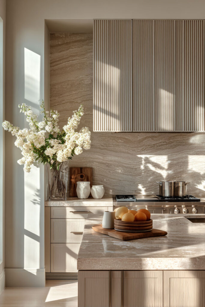 Kitchen with marble backsplash, ribbed wood cabinetry, bouquet of white flowers, ceramic jars, and bowl of citrus highlighting dimensional surfaces