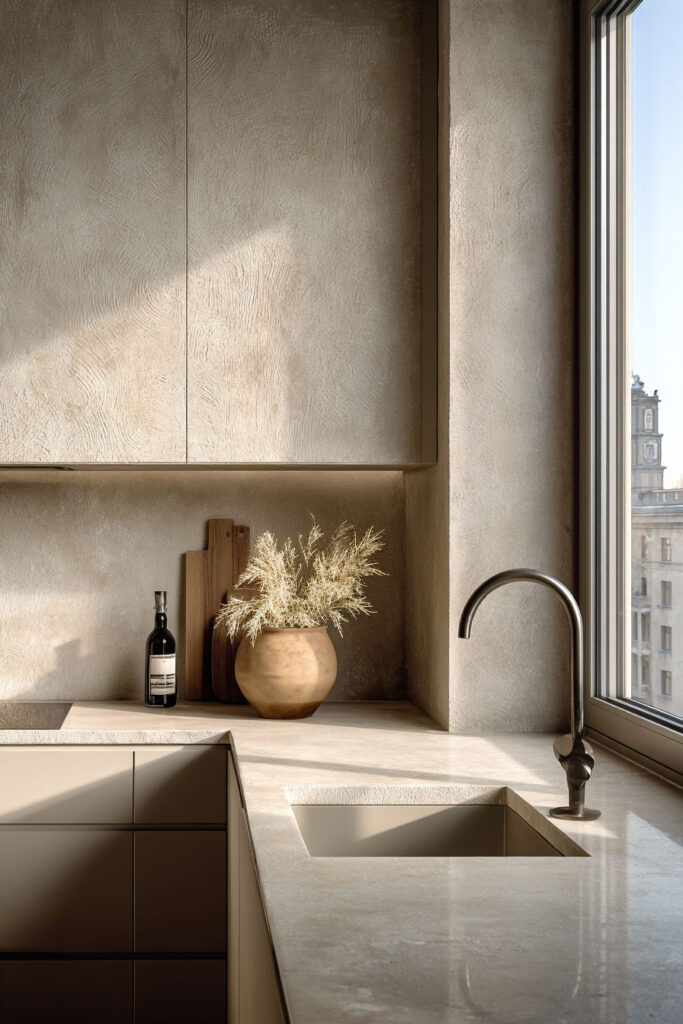 Neutral kitchen with plaster textured backsplash, stone countertop, and warm beige cabinetry showing dimensional surface kitchen trend.