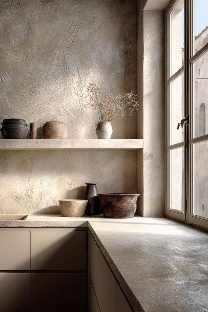 Neutral kitchen with plaster textured wall backsplash, warm earthy tones, dimensional surface kitchen trend with natural light and minimalist styling