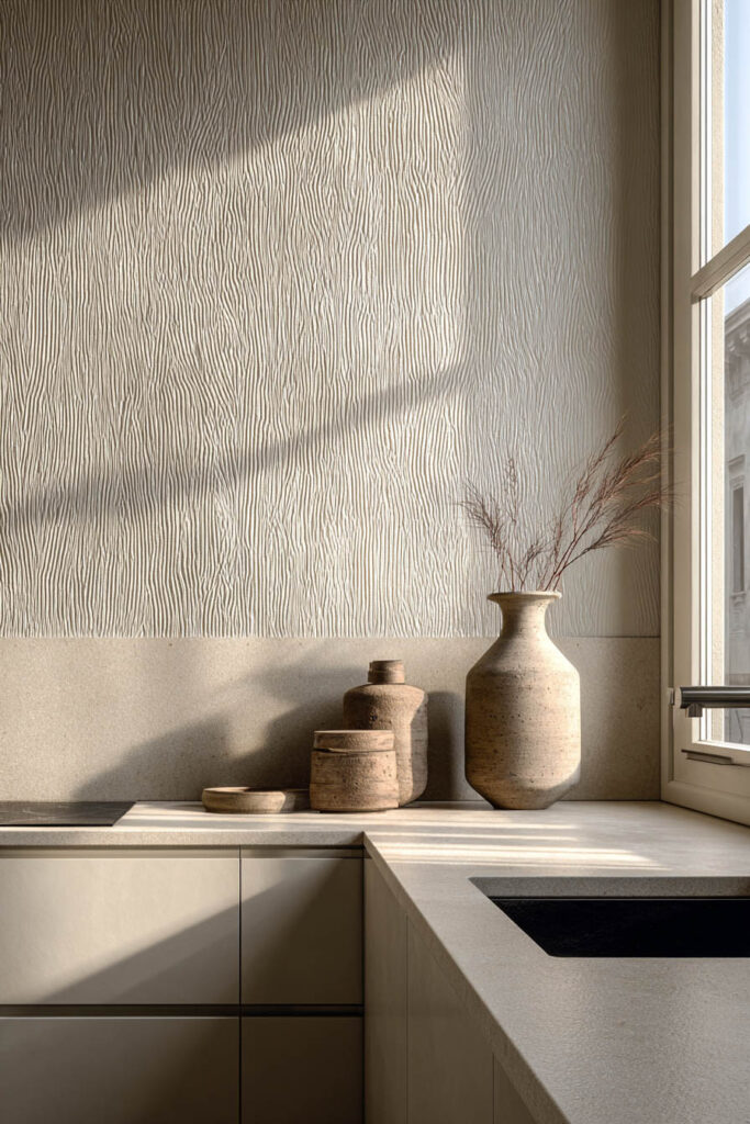 Neutral kitchen with textured plaster backsplash, stone countertop, and soft dimensional surfaces creating subtle depth and warmth.