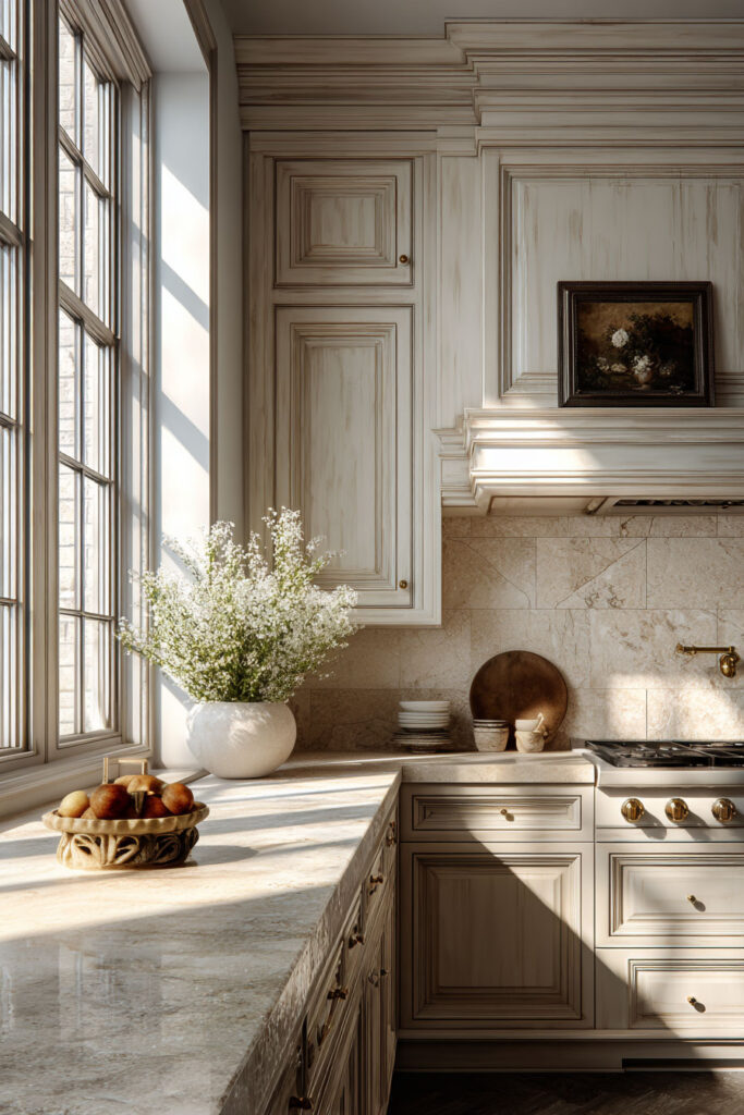 Classic neutral kitchen with dimensional stone backsplash, detailed cabinetry, and marble countertops, showcasing high-end textured surfaces and layered kitchen design trends.