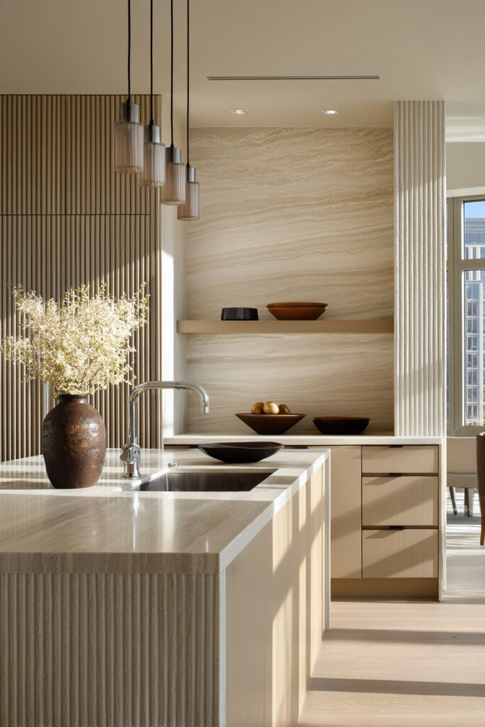 Neutral kitchen with fluted cabinetry, stone backsplash, and textured panels showing dimensional surfaces kitchen trend.