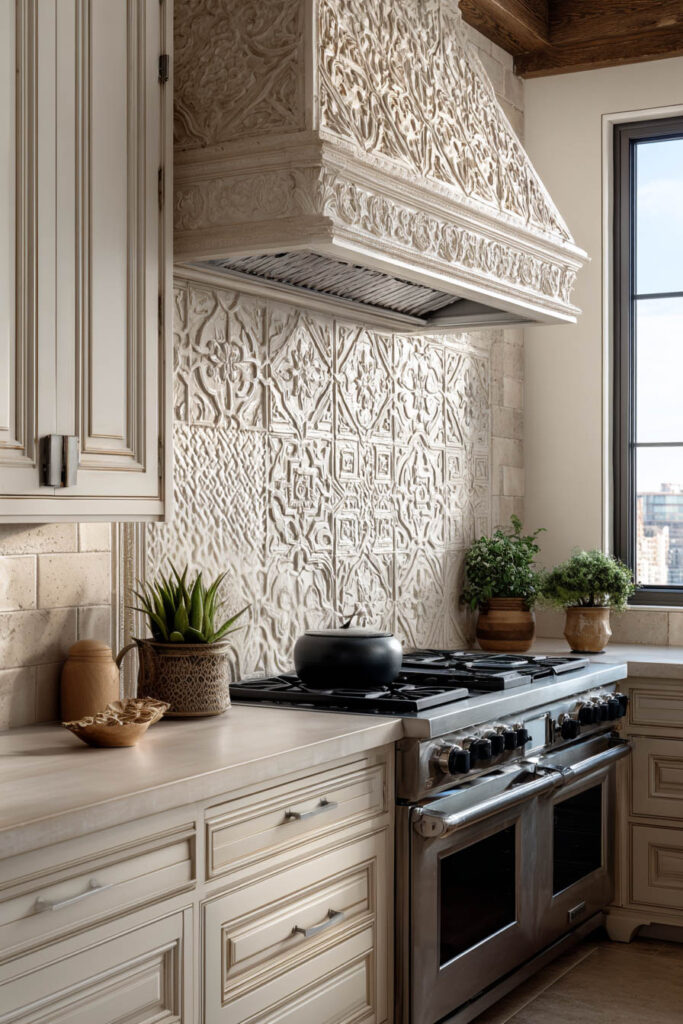 Kitchen with detailed dimensional backsplash, matching range hood, creamy cabinets, wood accents, and potted plants with sunlight highlighting textures