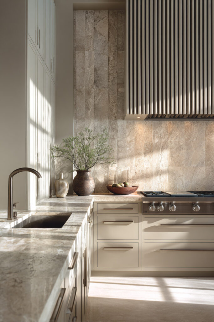 Neutral kitchen with natural stone dimensional backsplash, ribbed range hood detail, and warm textured surfaces creating depth and visual interest.
