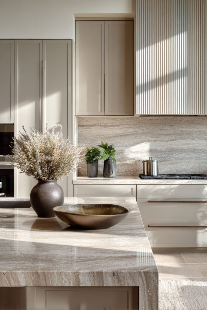 Neutral kitchen with stone backsplash and ribbed panel texture, dimensional surfaces kitchen trend with warm beige cabinetry and natural light