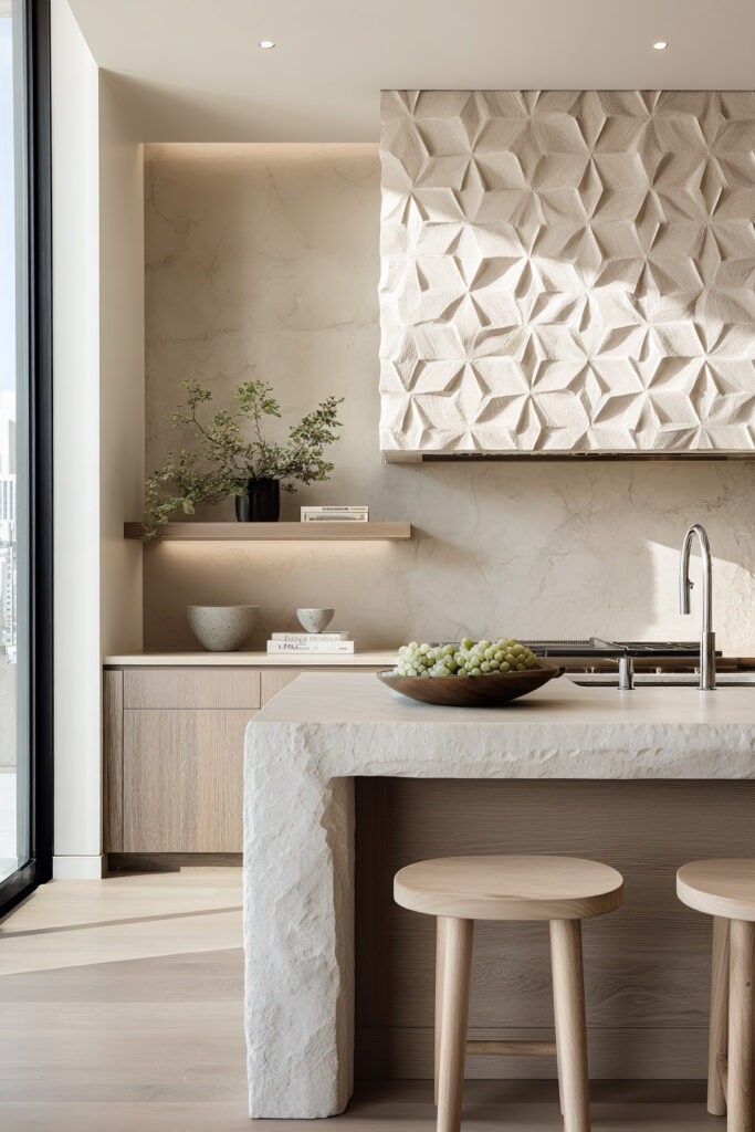 Modern neutral kitchen with dimensional textured backsplash, sculptural stone island, and natural wood cabinetry showing layered kitchen surface trends and high-end design details.