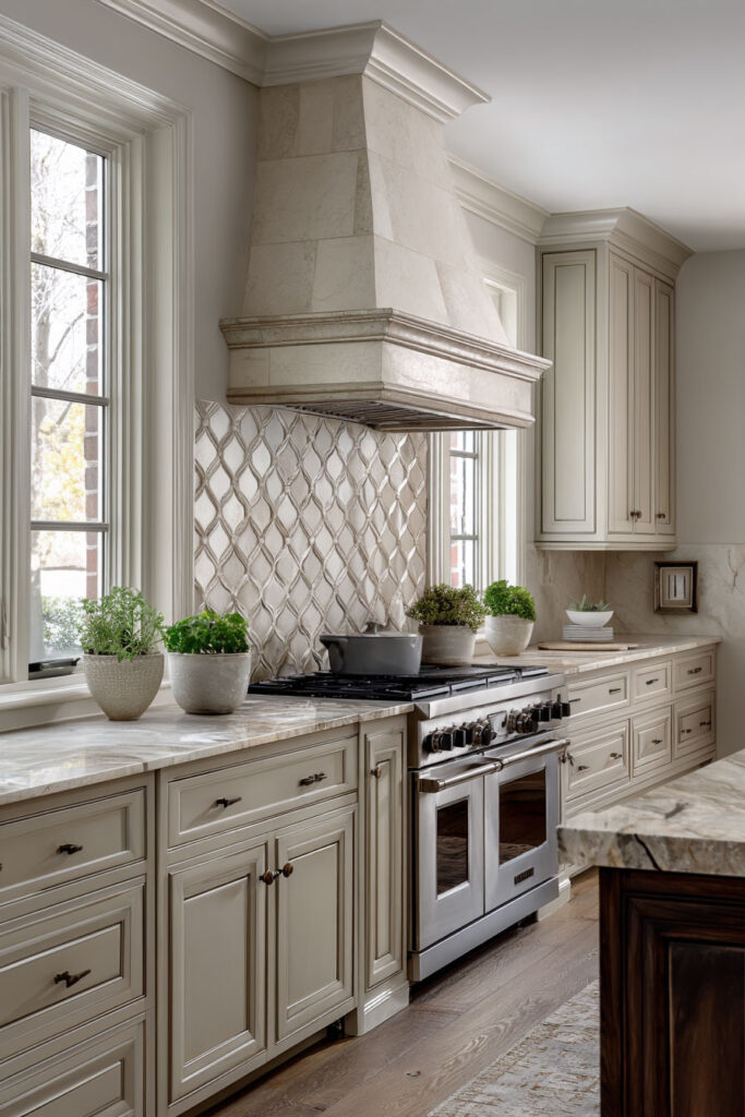 Neutral kitchen with dimensional tile backsplash, stone hood surround, and classic cabinetry showing high-end textured kitchen trend.
