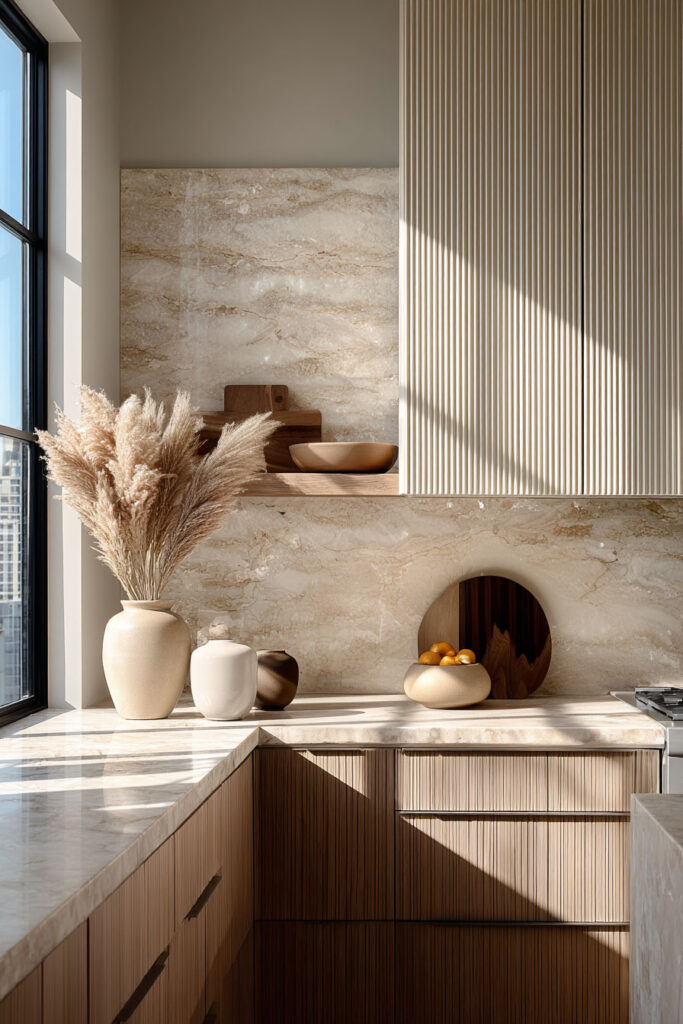 Kitchen with marble backsplash, ribbed wood cabinets, vases and fruit bowl, circular mirror, and sunlight emphasizing textured surfaces