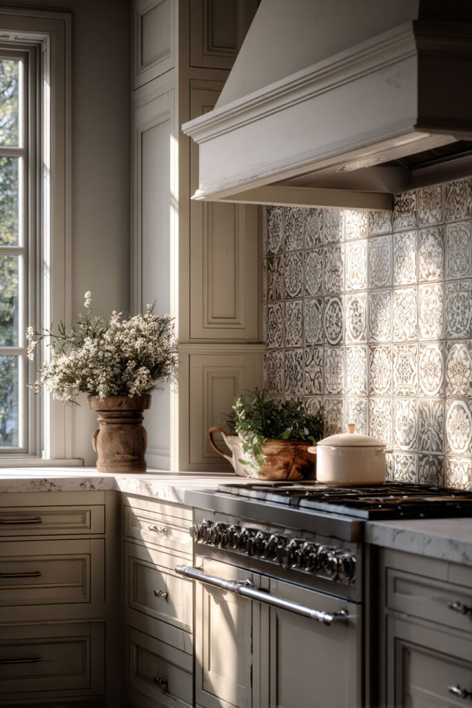 Neutral kitchen with patterned dimensional tile backsplash, textured kitchen wall, high-end kitchen design with warm neutral cabinetry and natural light
