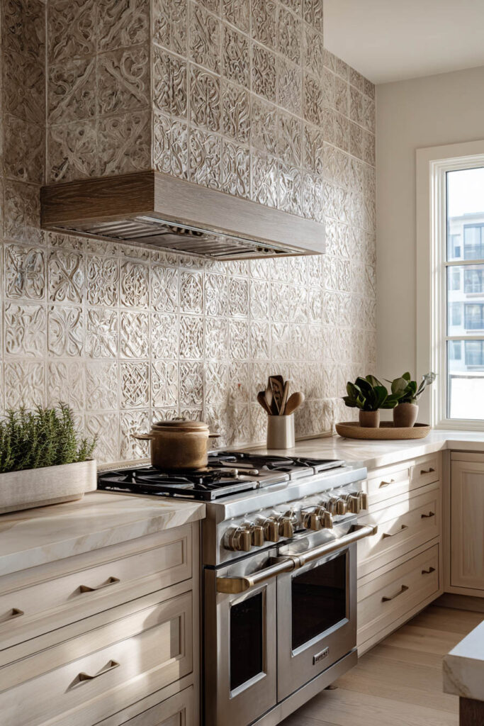 Neutral kitchen with textured dimensional tile backsplash, carved square tiles, and warm stone countertops creating a high-end layered kitchen design.
