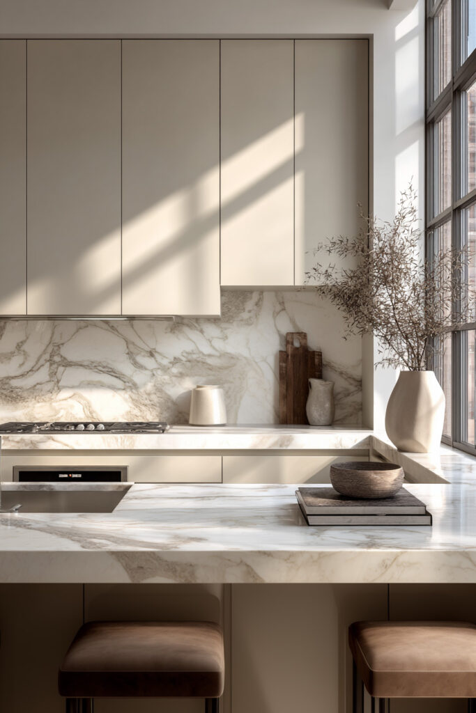 Neutral modern kitchen with marble slab backsplash and waterfall island showing subtle dimensional surface texture and high-end kitchen design.