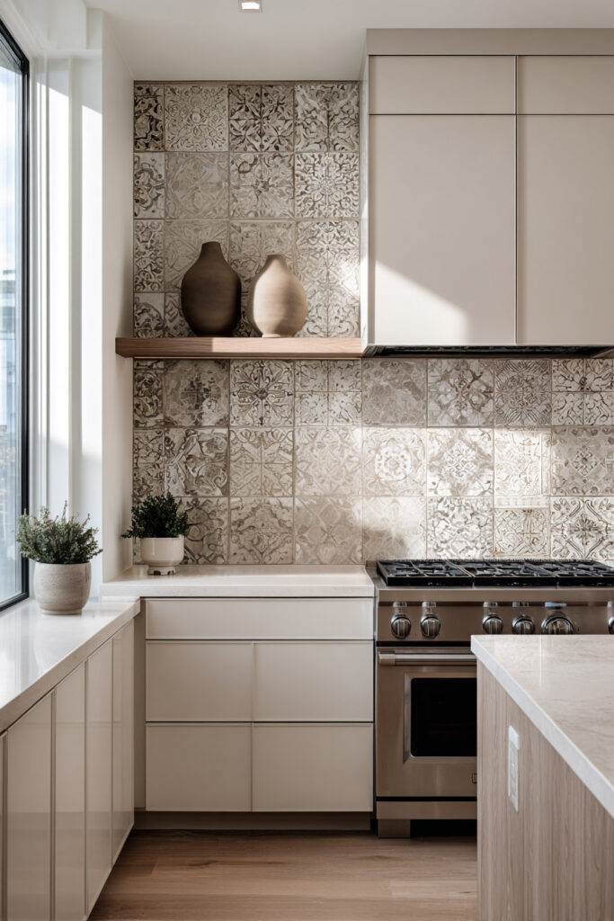 Kitchen with neutral cabinets, patterned textured tile backsplash, marble countertops, decorative vases, and sunlight accentuating textures