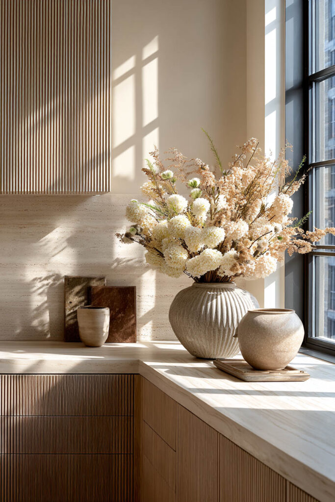 Neutral kitchen with ribbed wood cabinetry, textured stone backsplash, and warm natural light highlighting dimensional kitchen surface trends and layered organic materials.