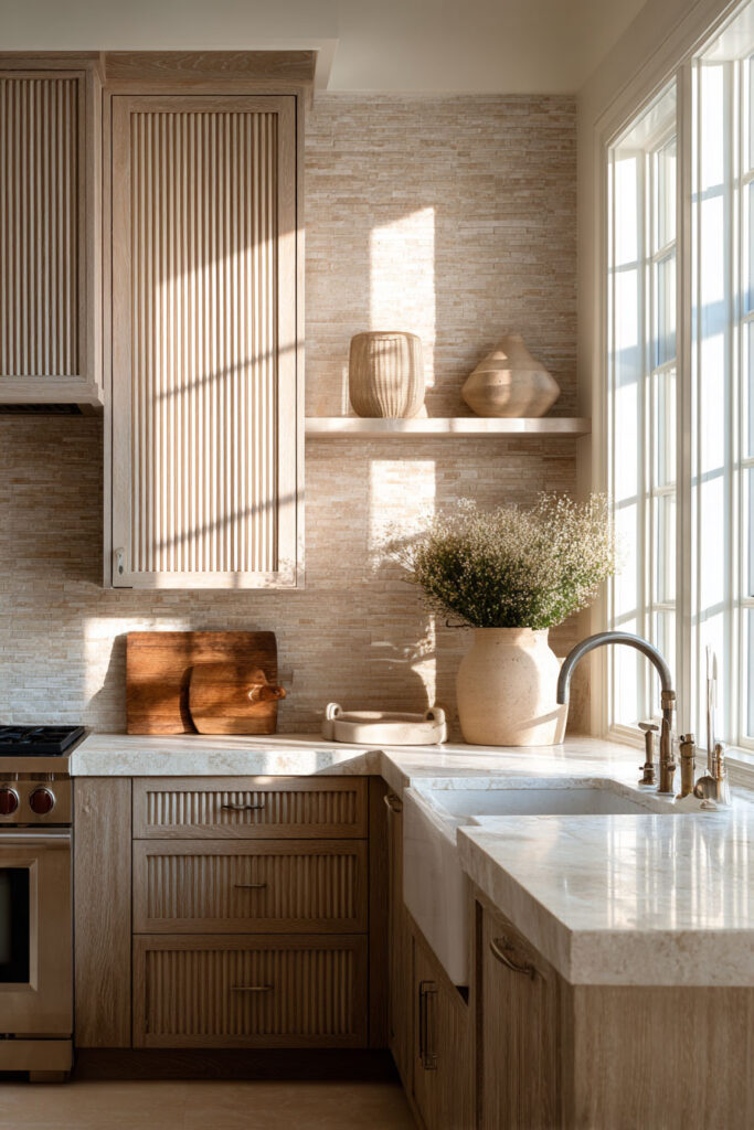 Neutral kitchen with ribbed wood cabinetry and textured stone backsplash, dimensional surfaces kitchen trend with warm natural materials and sunlight