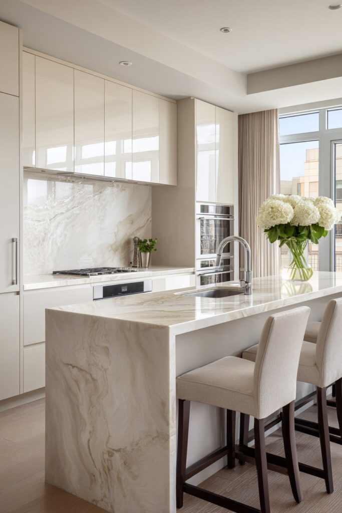 Neutral kitchen with waterfall stone island and full-height stone backsplash, showcasing dimensional surfaces and layered natural textures in a modern kitchen design.