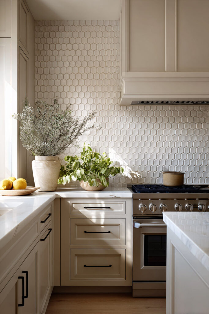Neutral kitchen with white hexagon tile backsplash adding subtle dimensional texture and soft visual interest in a modern kitchen design.