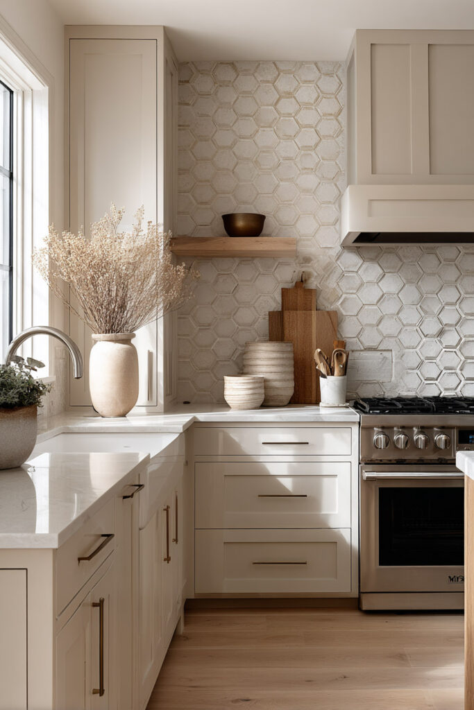 Neutral kitchen with hexagon tile backsplash, subtle dimensional kitchen surfaces with beige cabinetry and natural light