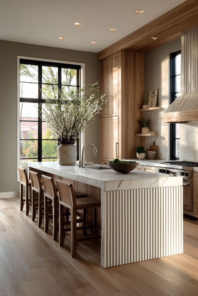 Warm neutral kitchen with ribbed kitchen island paneling, marble countertop, and wood cabinetry showcasing dimensional surface trends and layered kitchen textures.