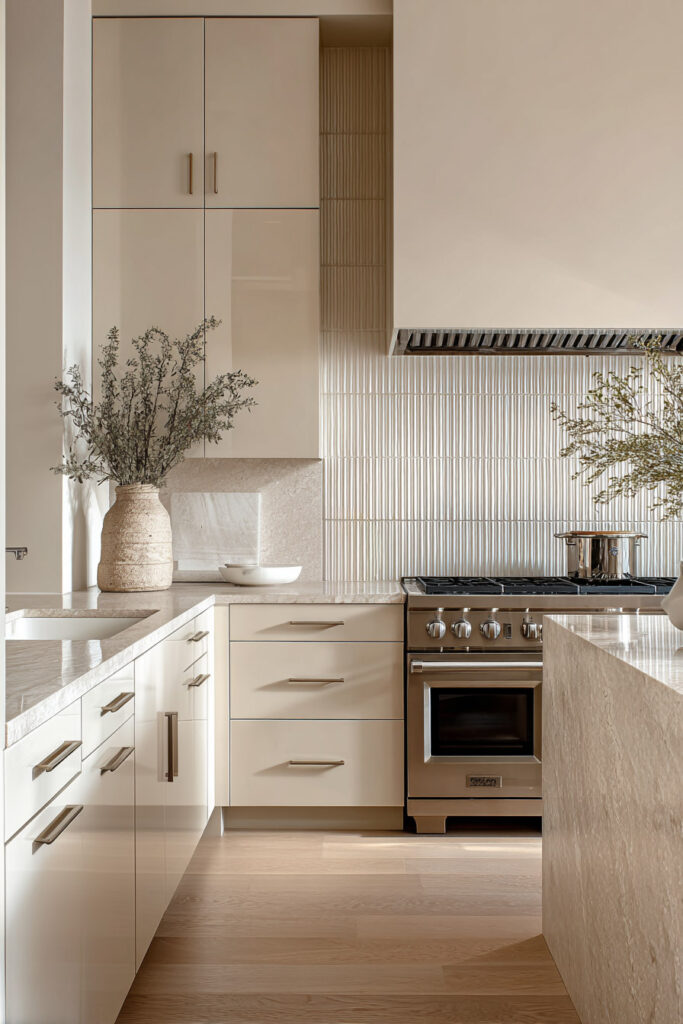 Neutral kitchen with ribbed tile backsplash and stone countertops, showing subtle dimensional surfaces and layered texture in a modern kitchen design.