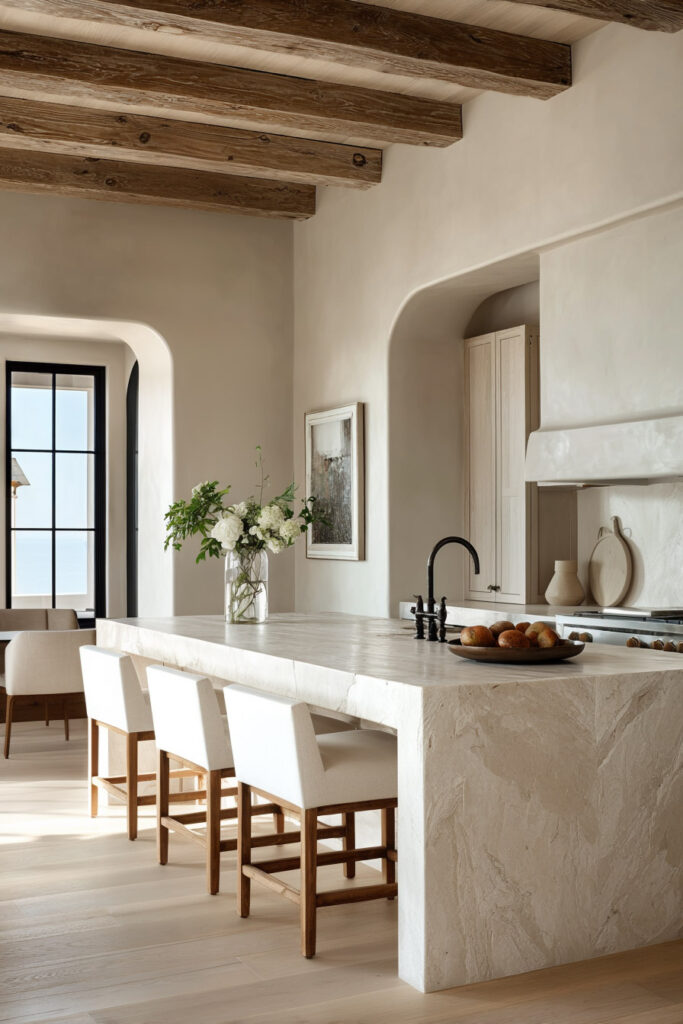 Light-filled kitchen with plaster-style textured walls, natural stone island, marble countertop, wooden ceiling beams, and white bar stools