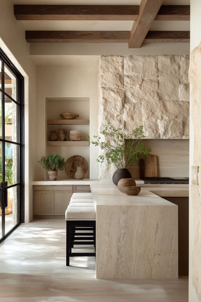 Neutral kitchen with textured stone wall backsplash, dimensional natural stone kitchen design with warm wood accents