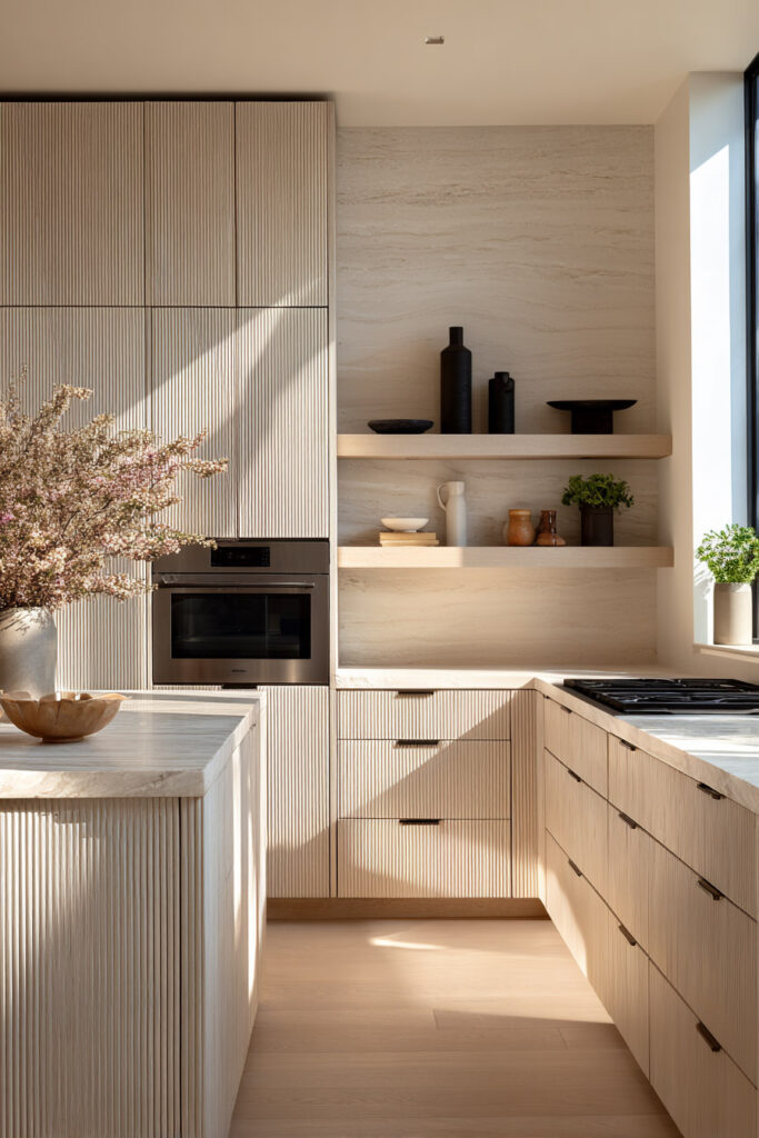 Neutral kitchen with ribbed cabinetry, stone backsplash, and layered dimensional surfaces creating depth through subtle texture and warm natural materials.