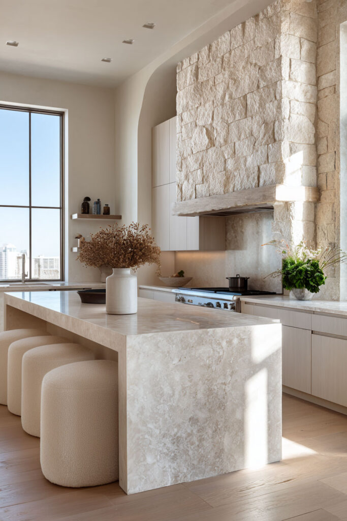 Neutral kitchen with textured stone feature wall and waterfall stone island, showcasing dimensional surfaces and layered natural texture in a modern kitchen design.