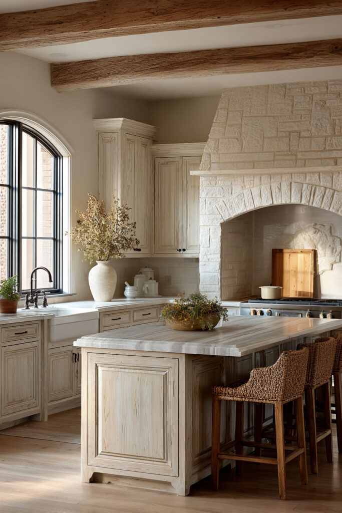 Neutral kitchen with stone range hood, textured cabinetry, and natural wood beams showing layered dimensional surfaces in a warm modern kitchen design.