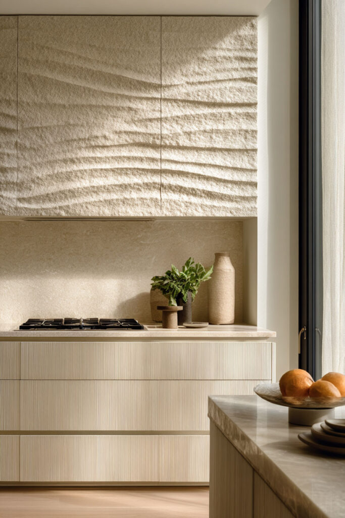 Modern kitchen with wavy textured cabinets, neutral stone backsplash, stone countertop, and natural wood accents