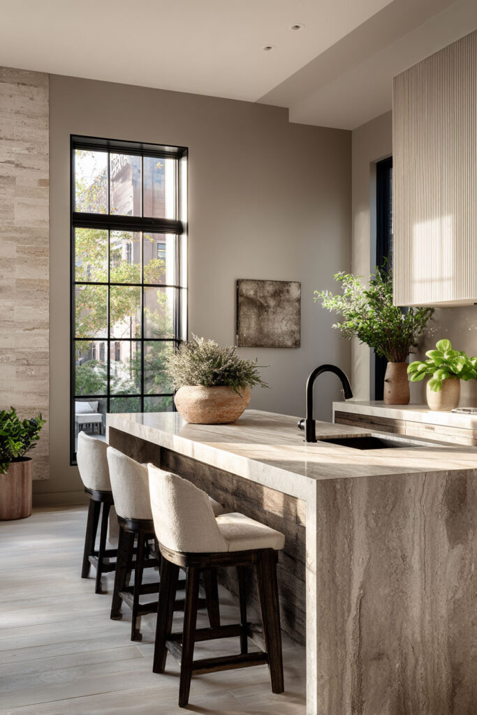 Modern neutral kitchen with textured stone waterfall island and ribbed cabinetry, dimensional surface kitchen design